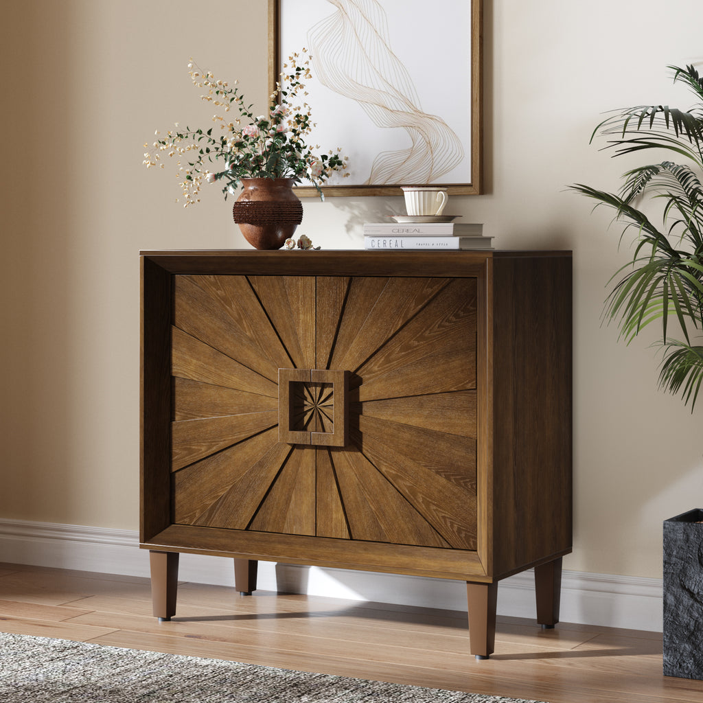 31.5' Antique Brown Mid-Century Modular Credenza Sideboard Buffet, Small Space Cabinet with Symmetrical Sunburst Doors, Accent Cabinet with Adjustable Shelves for Dining Room, Entryway & Hallway