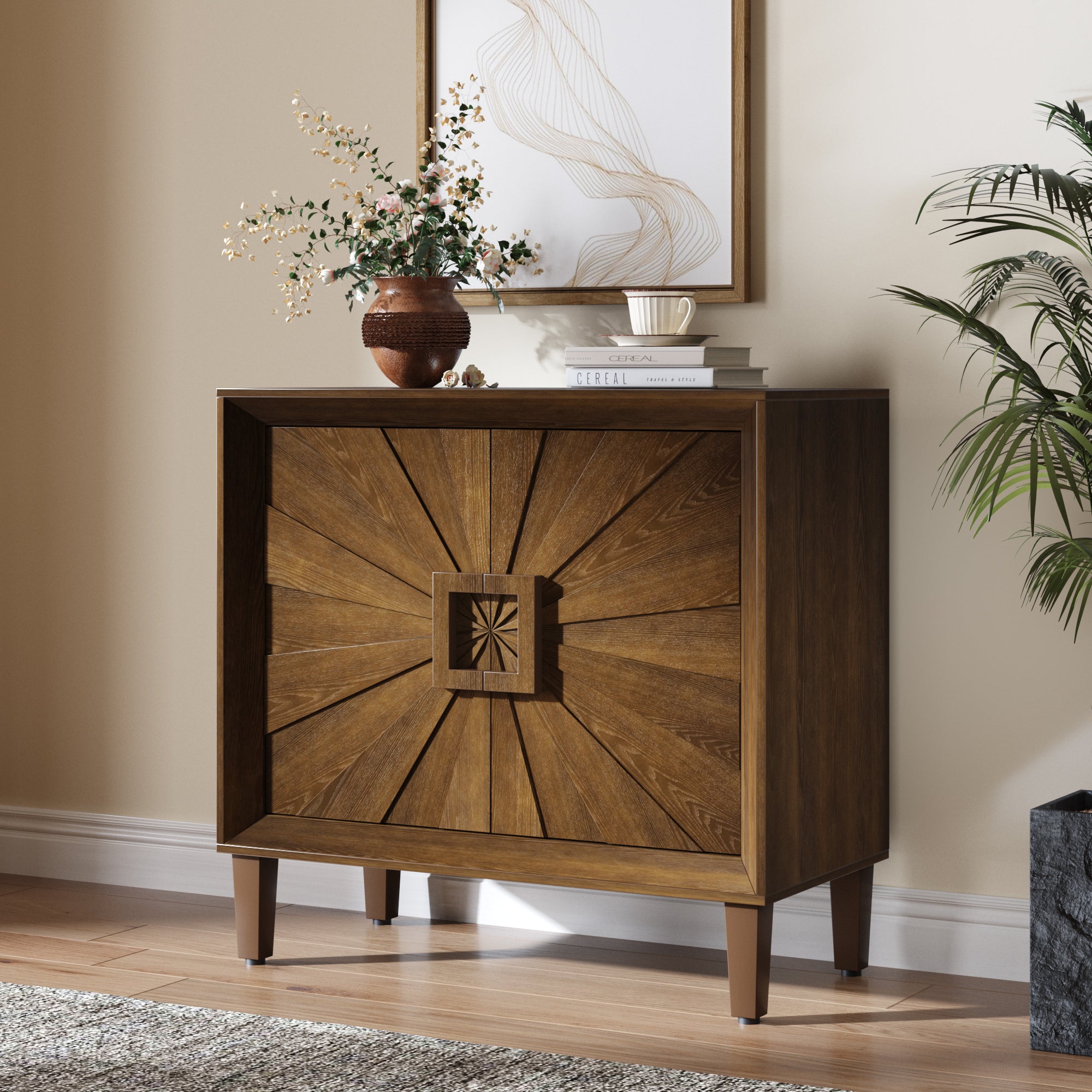31.5' Antique Brown Mid-Century Modular Credenza Sideboard Buffet, Small Space Cabinet with Symmetrical Sunburst Doors, Accent Cabinet with Adjustable Shelves for Dining Room, Entryway & Hallway