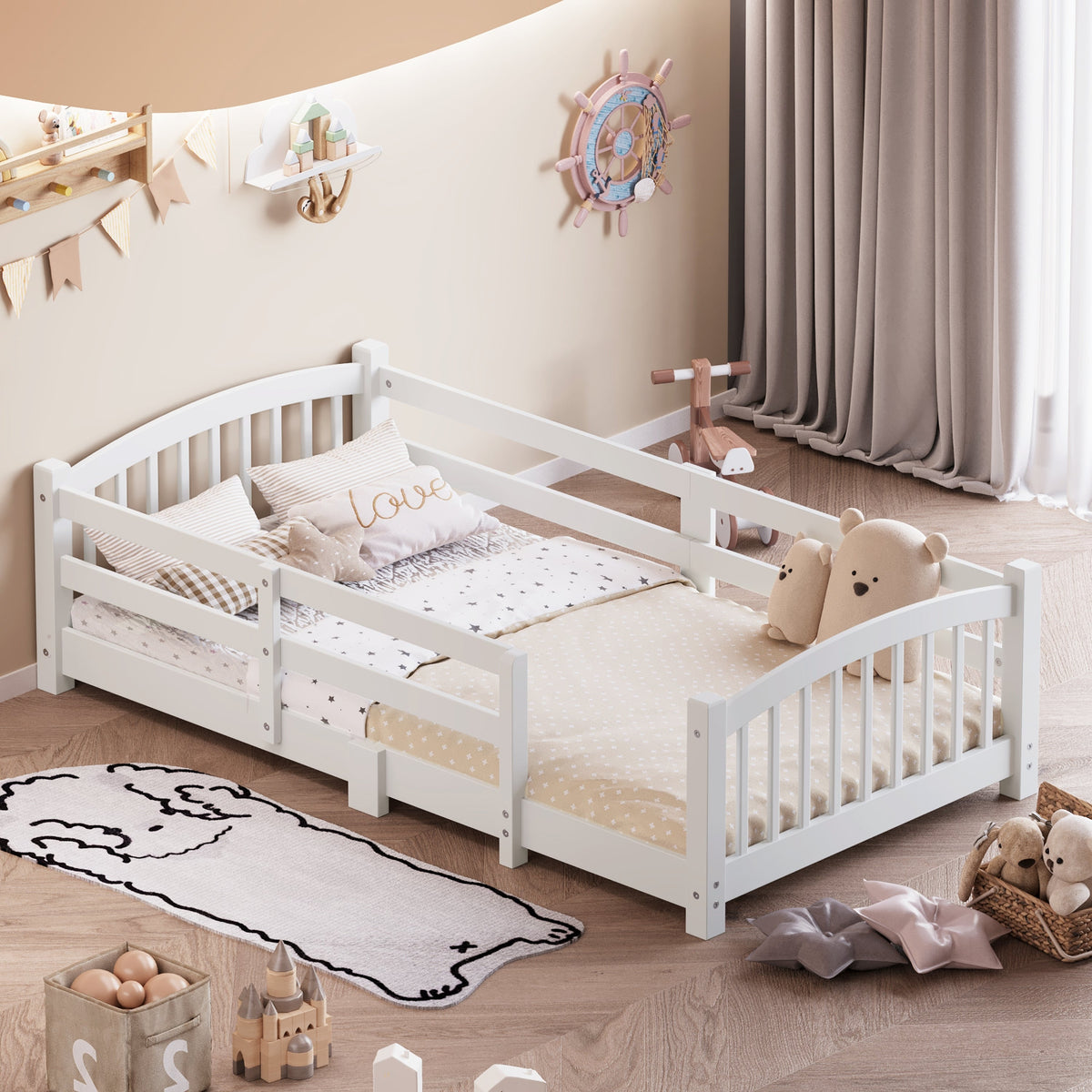 Twin Montessori Floor Bed with Slats and Safety Guardrails, Solid Wood Floor Bed with Fence and Without Door, Easy Assemble Montessori Bed for Girls and Boys, Gray