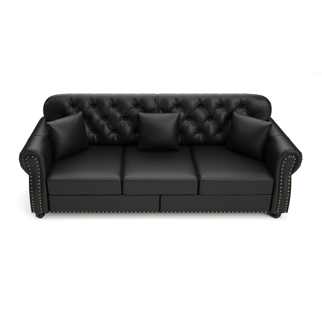 82.6'Upholstered Faux Leather Sofa with Nailhead Trim and Rolled Armrests,Mid-Century Modern Chesterfield Sofa with Button Tufted,Includes 3 Pillows,Black