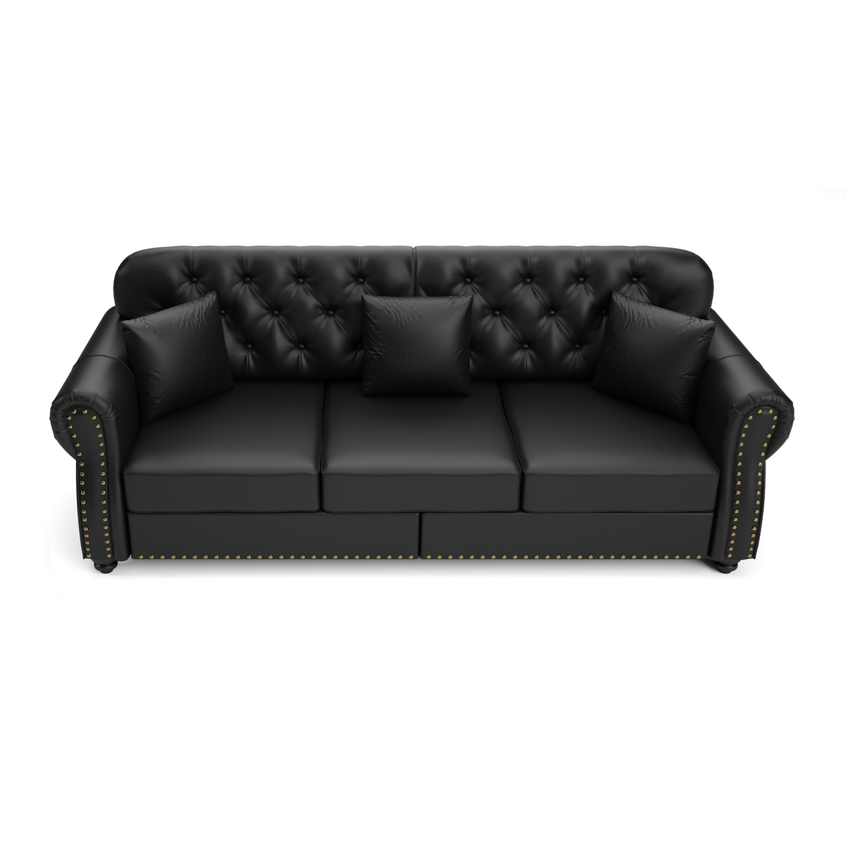 82.6'Upholstered Faux Leather Sofa with Nailhead Trim and Rolled Armrests,Mid-Century Modern Chesterfield Sofa with Button Tufted,Includes 3 Pillows,Black