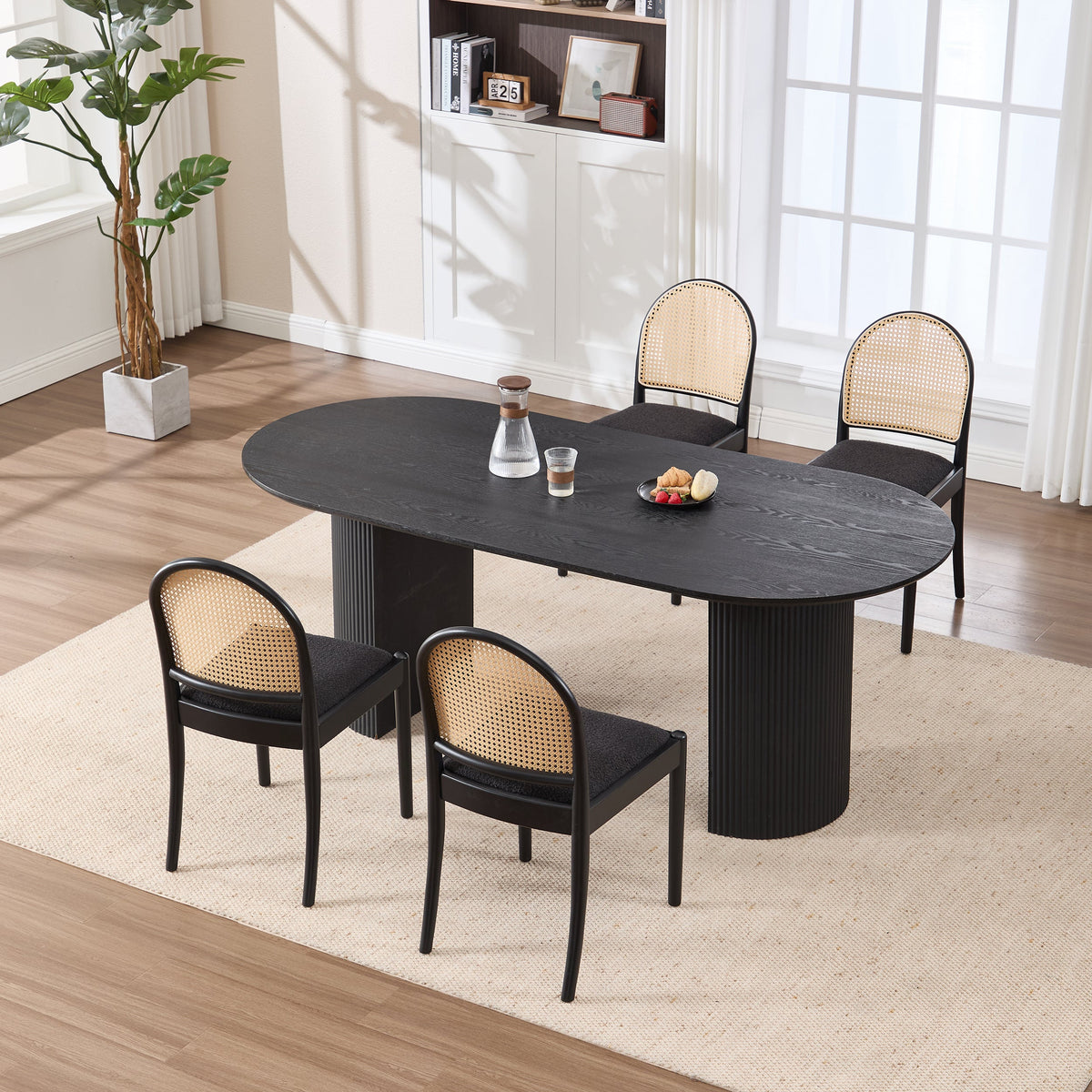 Rattan Dining Chairs Set of 2, Upholstered Linen Dining Room Chairs with Backrests, Modern Kitchen Chairs with Wood Legs for Dining Room, Beige