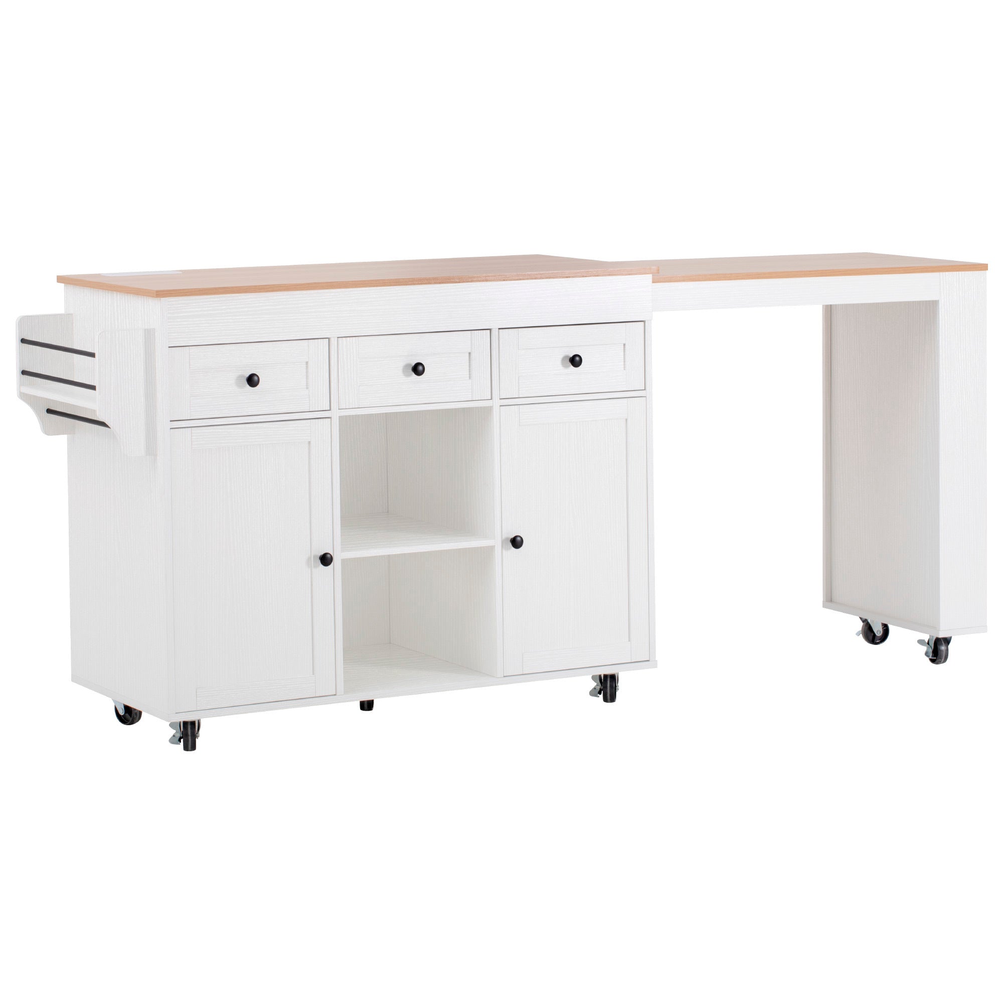 K&K 85.5' Kitchen Island with Extendable Dining Table, Kitchen Storage Table with 3 Side Open Shelves, Rolling Kitchen Island with Power Outlet, 3 Drawers, 2 Doors, for Kitchen, Dining Room, Black