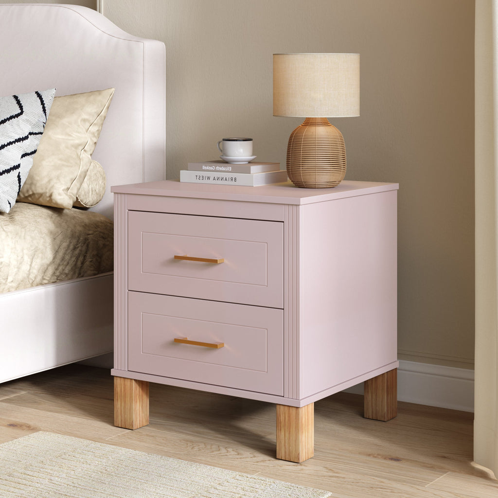2 Drawer Nightstand, Premium Wood Storage with Elegant Fluted Design, Solid Wood Legs Nightstand with Metal Handle, Tall Bedside Table for Bedroom Living Room, White