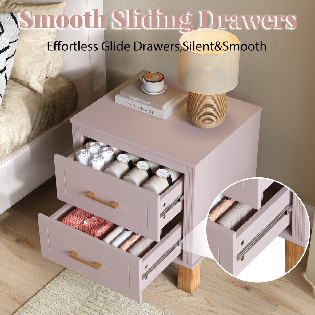 2 Drawer Nightstand, Premium Wood Storage with Elegant Fluted Design, Solid Wood Legs Nightstand with Metal Handle, Tall Bedside Table for Bedroom Living Room, White