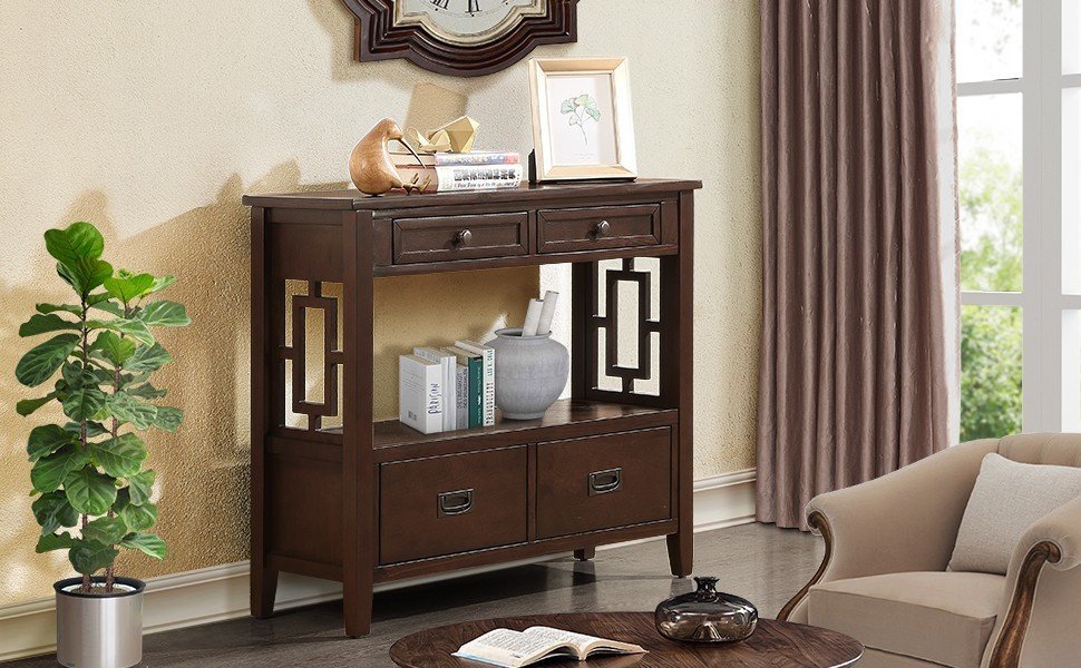 Light espresso farmhouse console table four drawers product photo