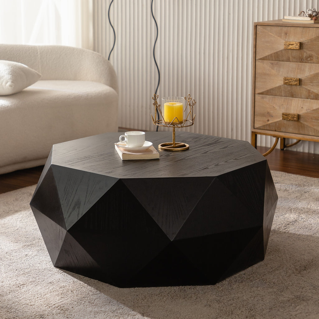 Embossed relief coffee table black tabletop living room setting