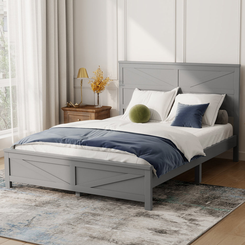 Farmhouse Style Queen Size Bed with Barn Door Designed Headboard and Footboard, Pinewood Bed with Strengthened Bed Frame ,White