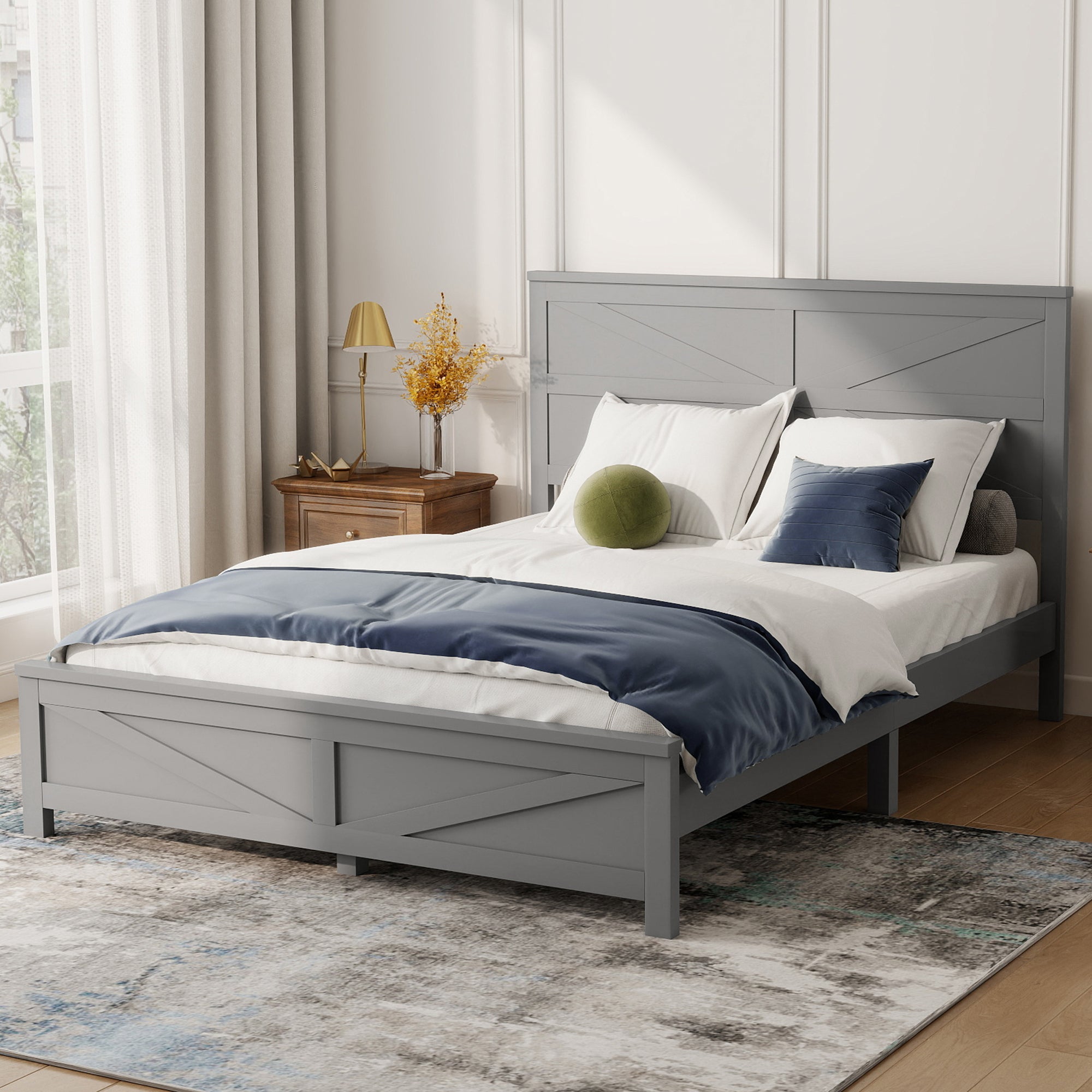 Farmhouse Style Queen Size Bed with Barn Door Designed Headboard and Footboard, Pinewood Bed with Strengthened Bed Frame ,White