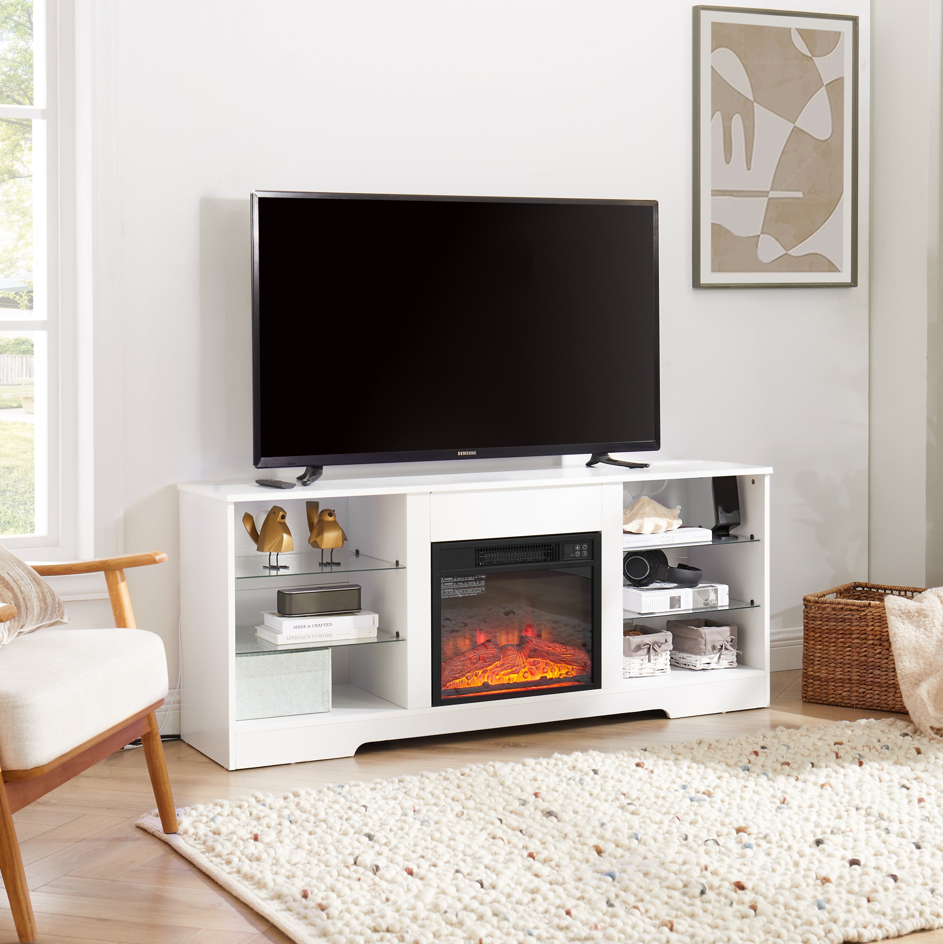 TV Stand with Electric Fireplace — Glass Shelves & USB Outlets for TVs Up to 62"