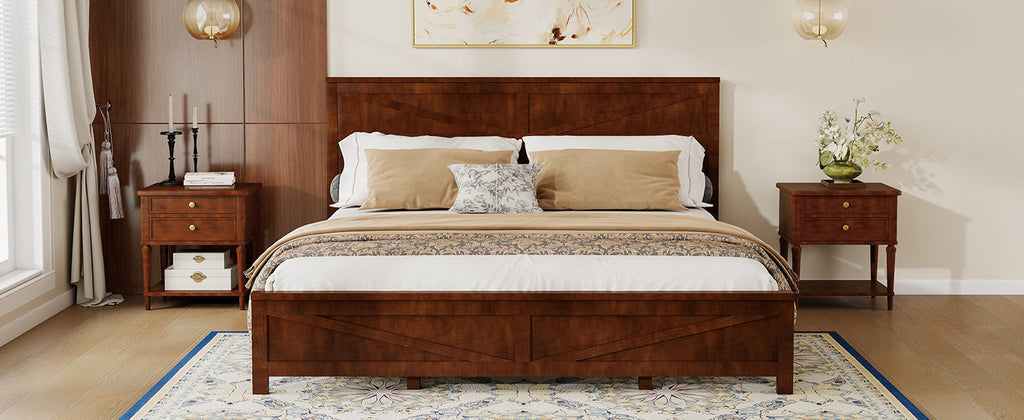 Farmhouse Style King Size Bed with Barn Door Designed Headboard and Footboard, Pinewood Bed with Strengthened Bed Frame,White