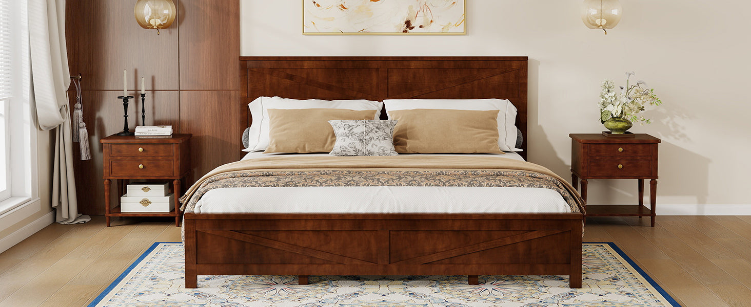 Farmhouse Style King Size Bed with Barn Door Designed Headboard and Footboard, Pinewood Bed with Strengthened Bed Frame,White