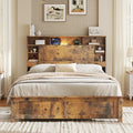 Full Size Bed Frame with Storage Headboard, Wood Platform Bed Frame with Charging Station, LED Lights & Bookcase, No Box Spring Needed, Dark Brown