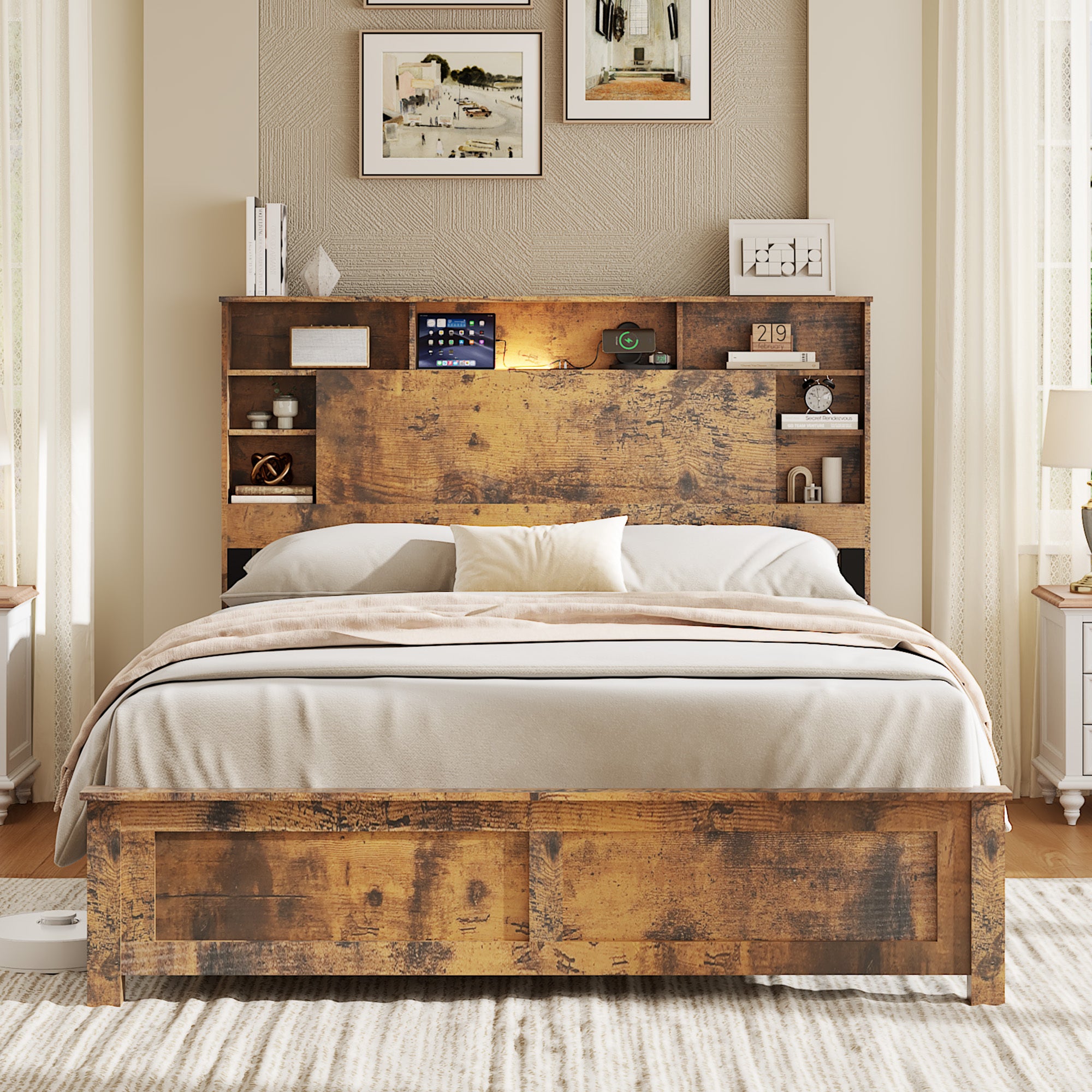 Full Size Bed Frame with Storage Headboard, Wood Platform Bed Frame with Charging Station, LED Lights & Bookcase, No Box Spring Needed, Dark Brown