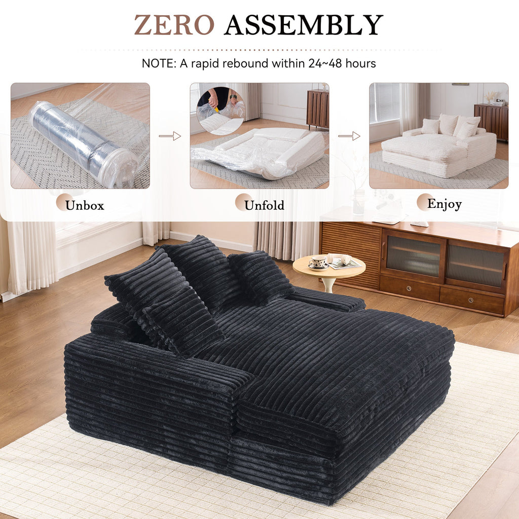 028DR-Oversized chaise Lounge chair, Upholstered Sleeper Sofa Bed with 4 Throw Pillows and Armrests, Corduroy Fabric Plush Lounge Chair Bed for Living Room, Apartment & Small Spaces, Black