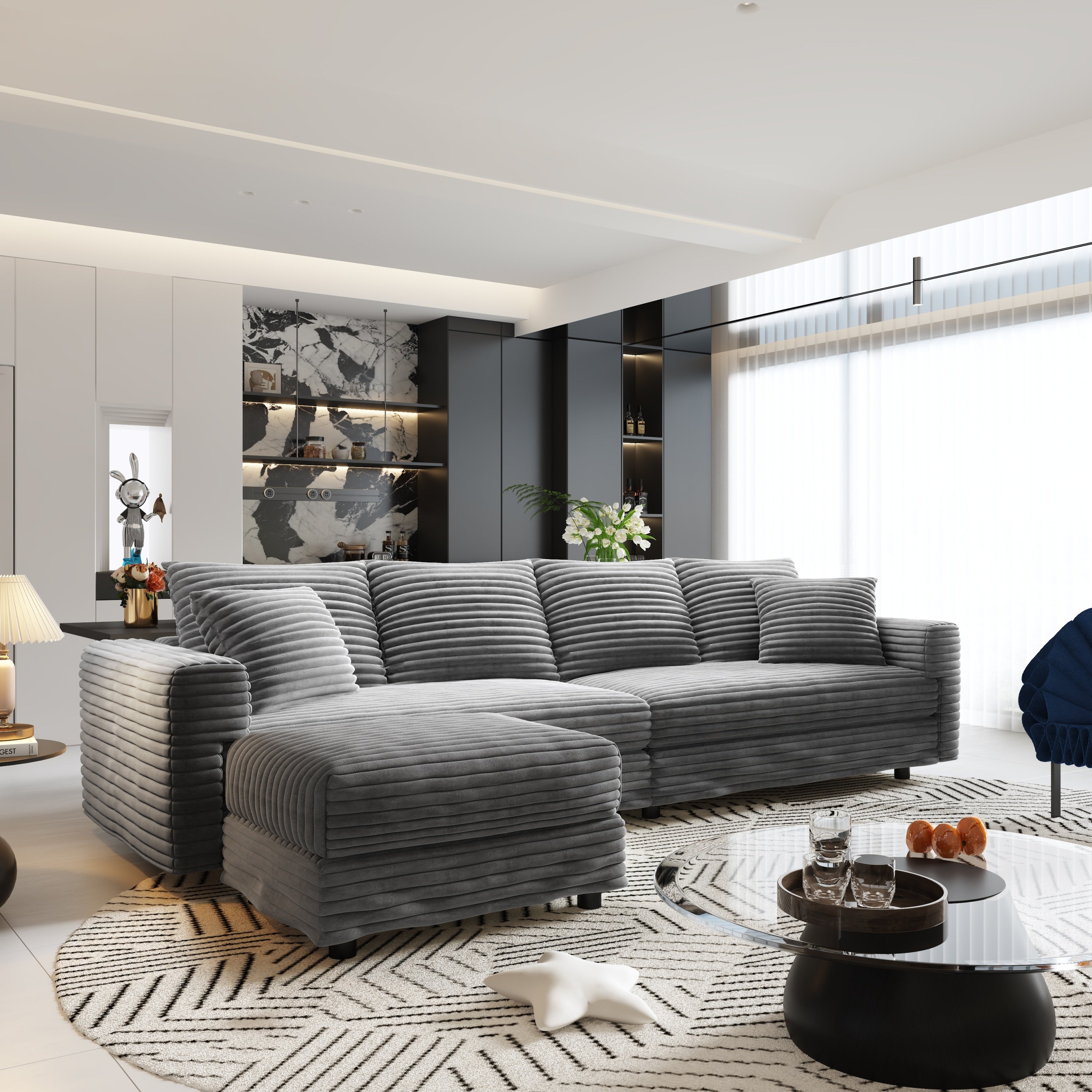 102.4 'Plush Corduroy 4-Seat Sofa,Modern Comfy Upholstered Sofa Cloud Couch,Deep Seat Couches with Soft Pillows and 3 Ottomans,Convertible Sofa Lounge Chair,Black(Old SKU:W1885S00287)