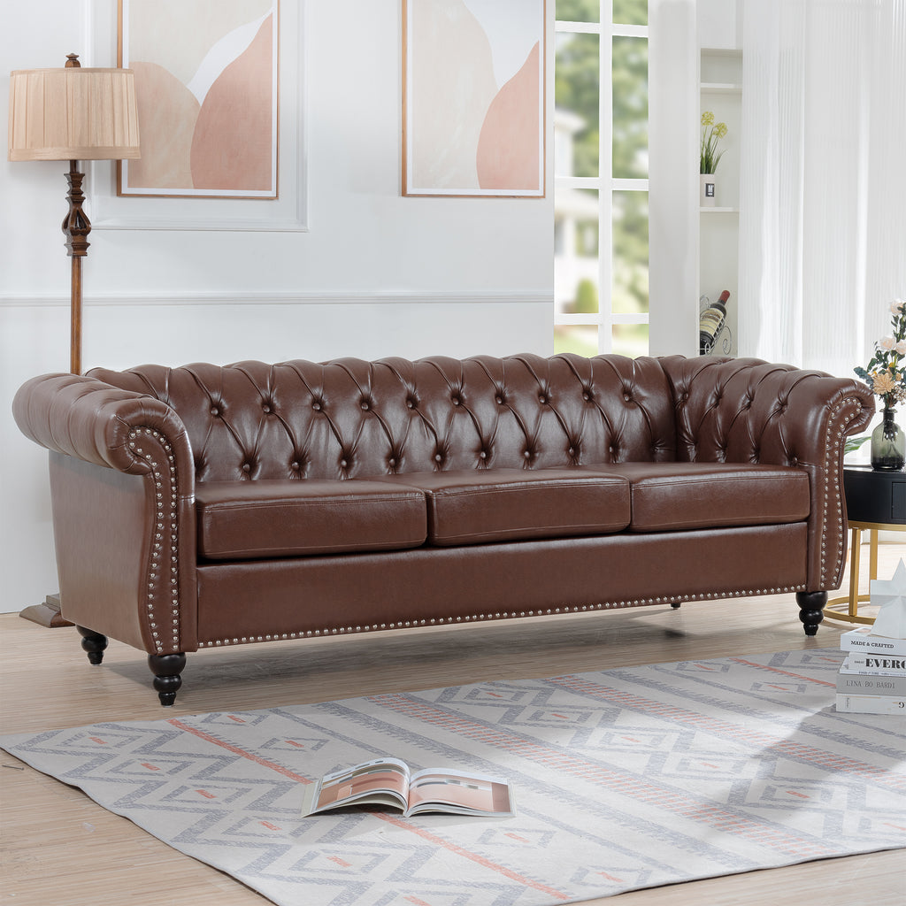 85-inch PU Chesterfield sofa with rolled arms — angle view