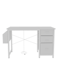 White office desk with power outlets and fabric drawers — front view