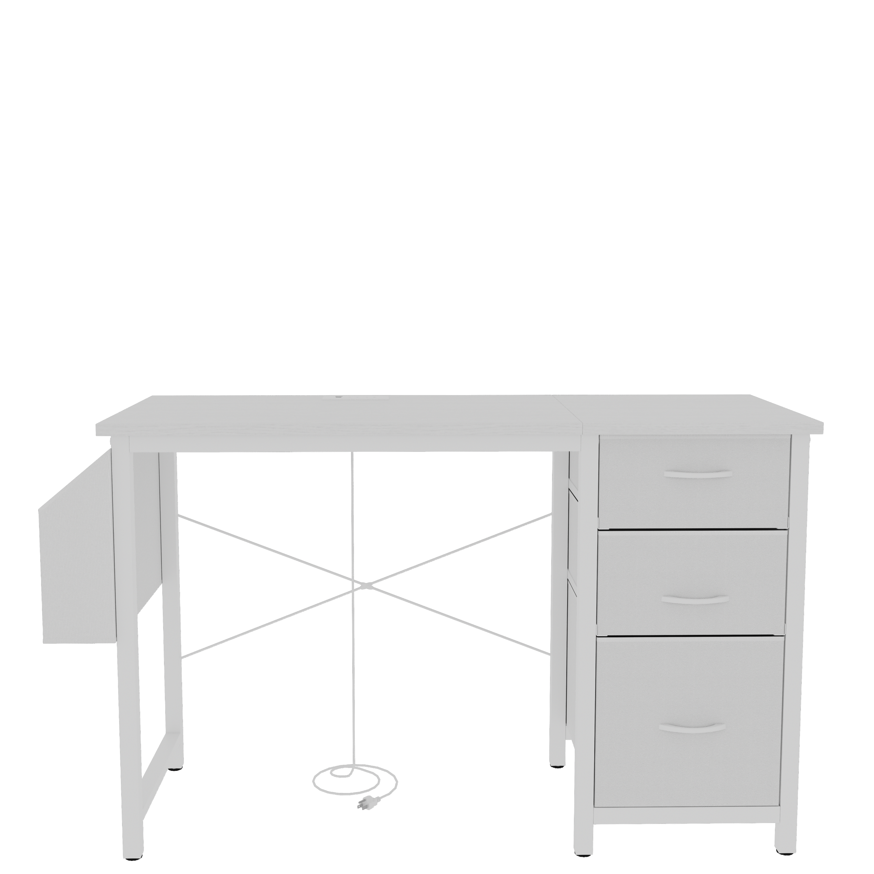 White office desk with power outlets and fabric drawers — front view