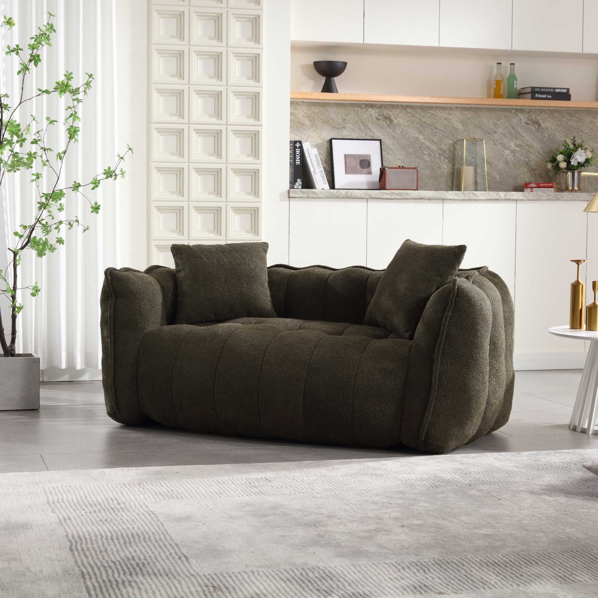 Olive green chenille accent chair — angled view