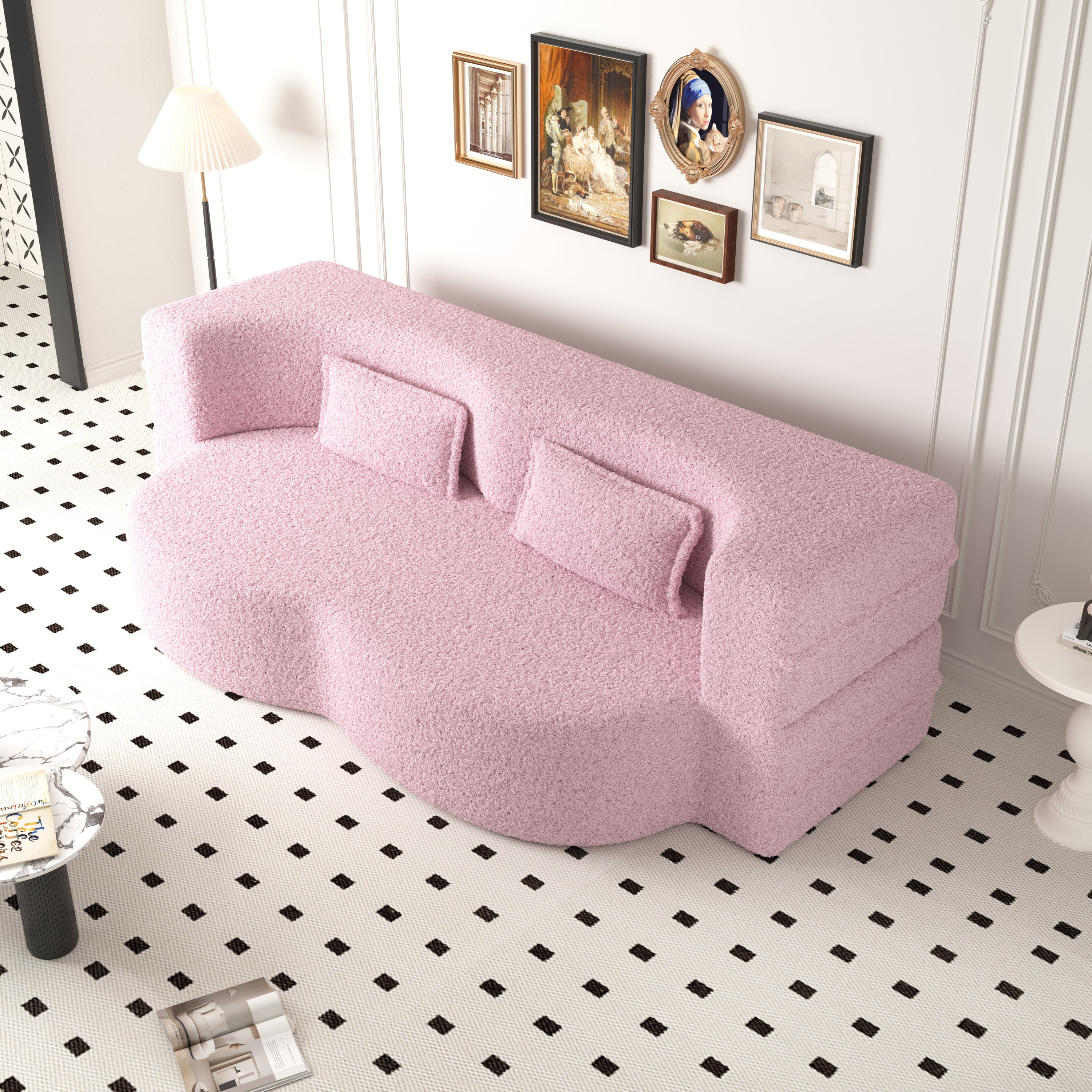Pink sherpa sofa bed — angle view