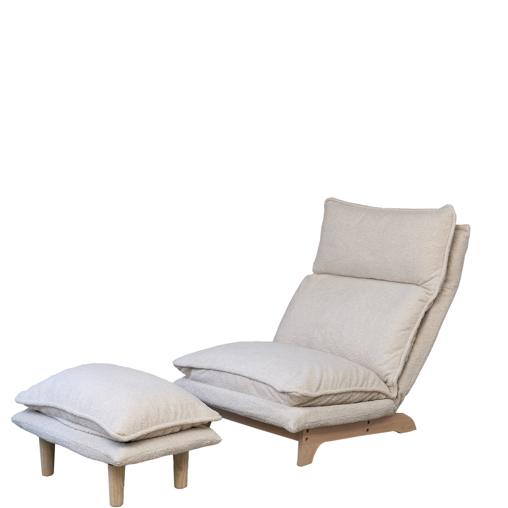 Beige foldable reclining floor chair — front view