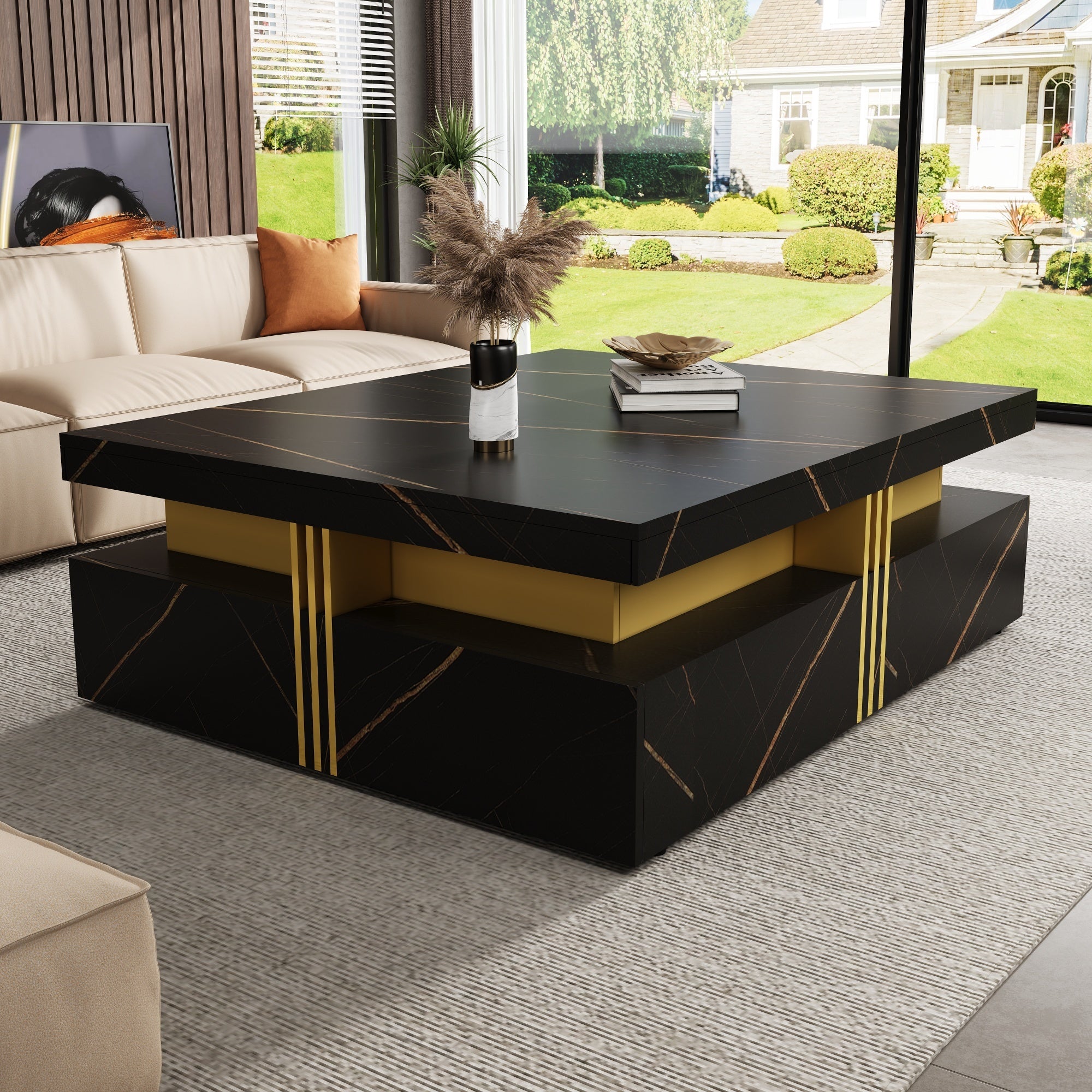 Square coffee table with storage drawers full view