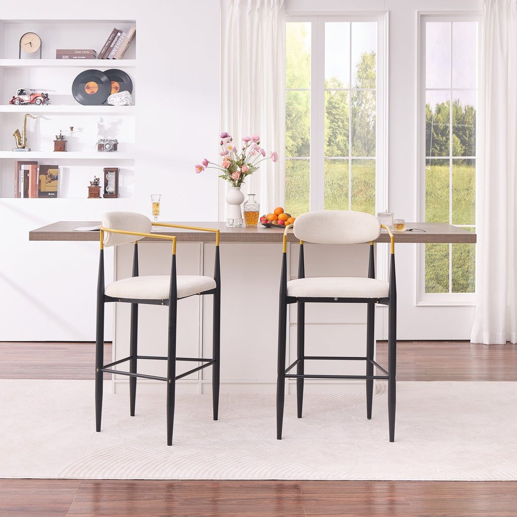 Modern Upholstered Bar Stool with Gold-Accented Armrests - 30' Seat Height,Ergonomic Design for Kitchen Island or Dining Counter Use,Set of 2 - Beige Fabric & Black Metal Frame