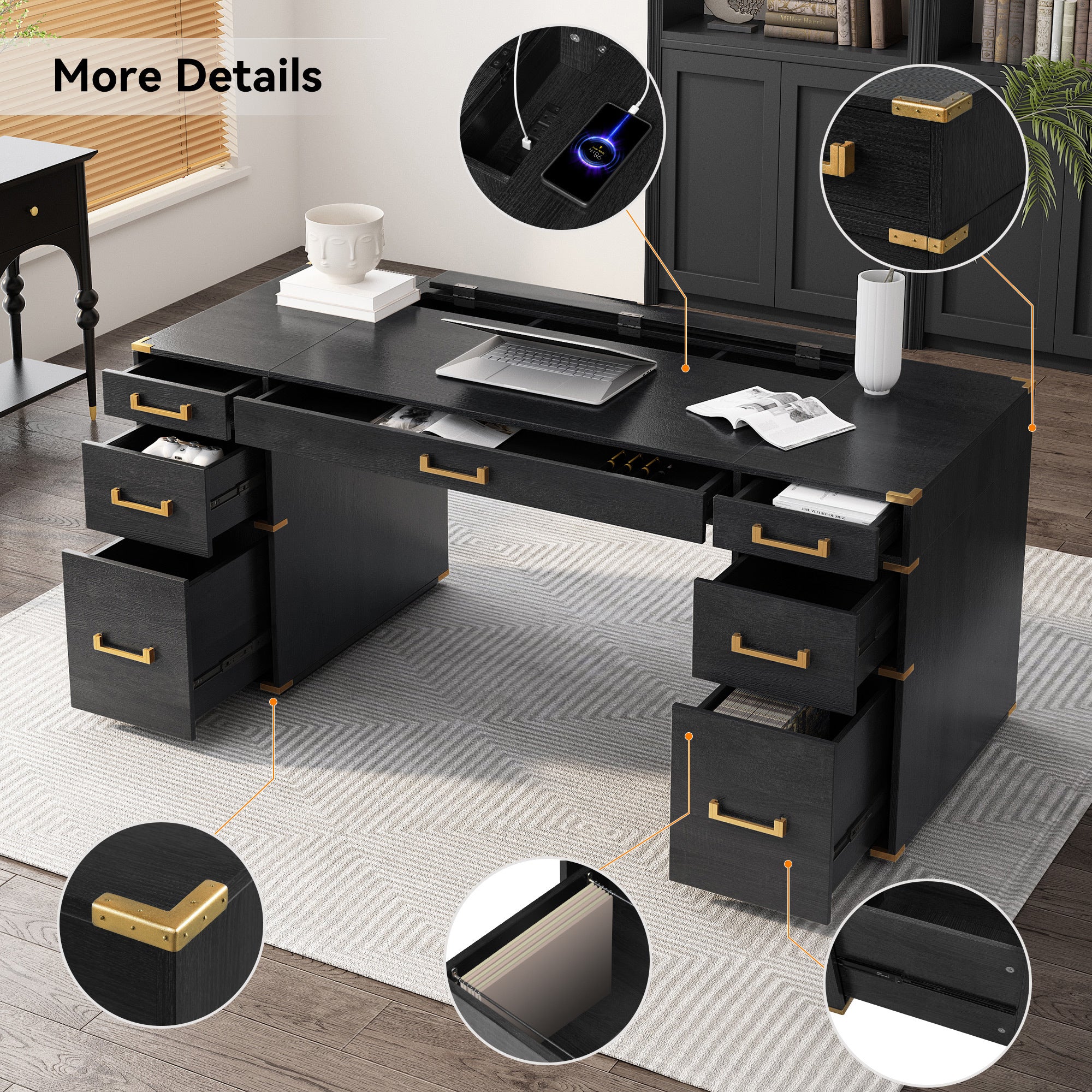 70-inch executive writing desk with drawers — full overview