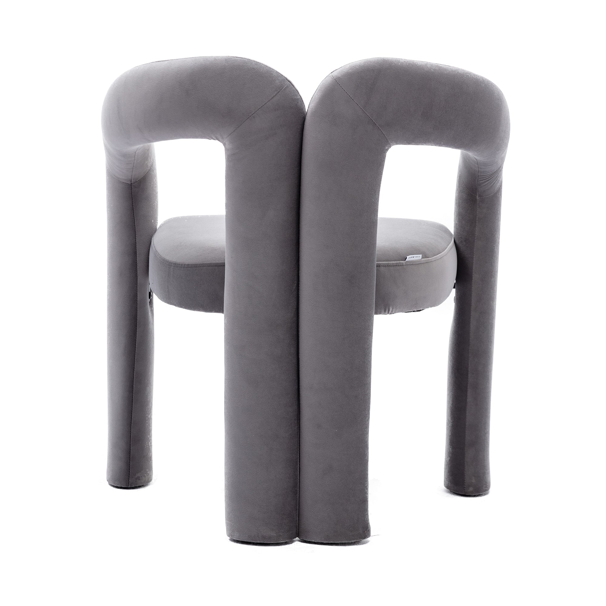 Gray velvet dining accent chair steel frame stability detail
