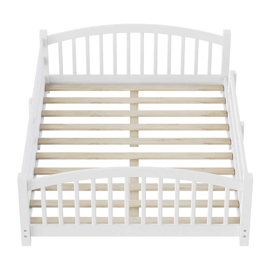 Full Montessori Floor Bed with Slats and Safety Guardrails, Solid Wood Floor Bed with Fence and Without Door, Easy Assemble Montessori Bed for Girls and Boys, Gray