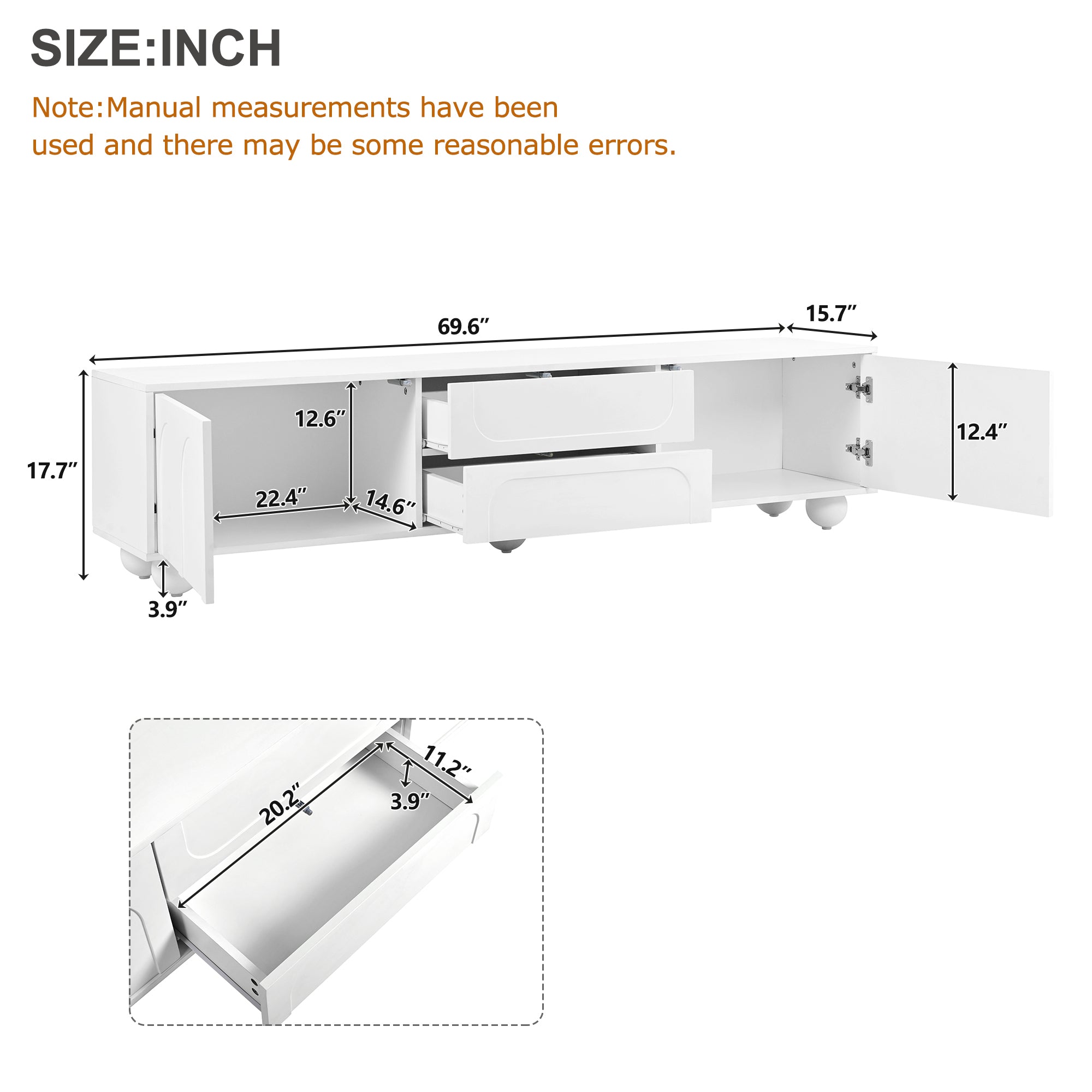 Handle-free arched panel design on white TV cabinet