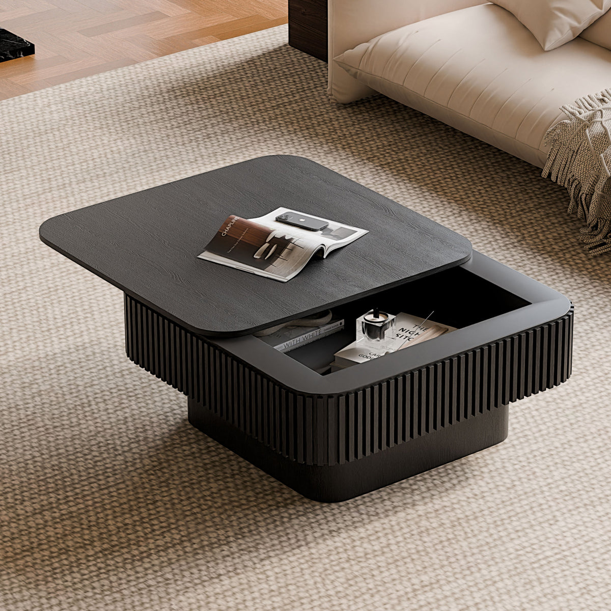 31.5'' Square Coffee Table with Storage Solid Wood Veneered Modern Coffee Table Accent Tea Table for Living Room, Bedroom, Apartment or Office, Natural Wood