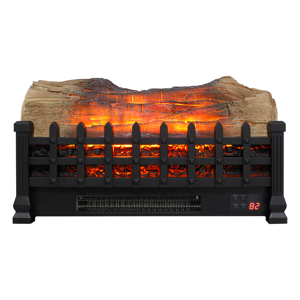 Black metal electric fireplace insert with wood accent trim detail