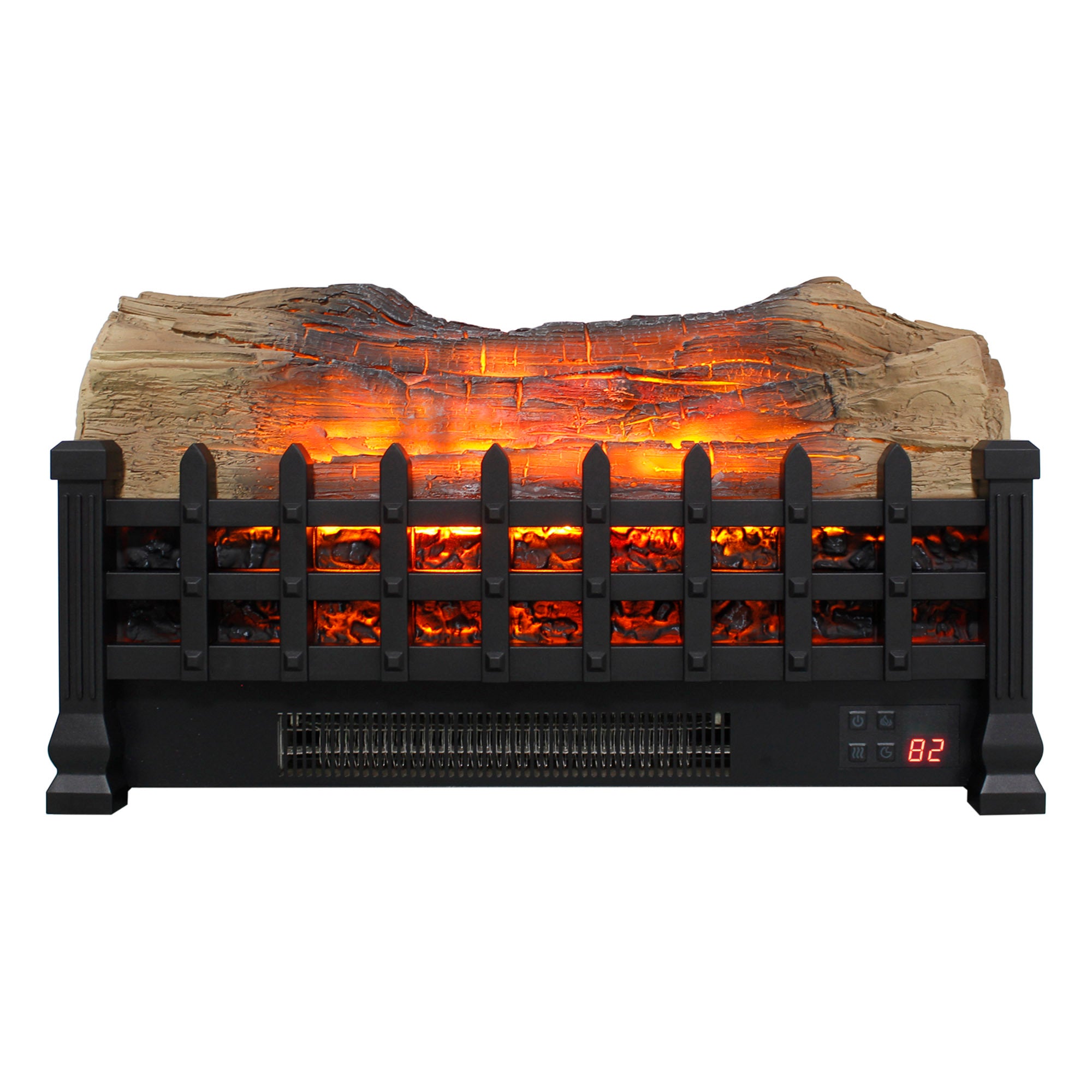 Black metal electric fireplace insert with wood accent trim detail