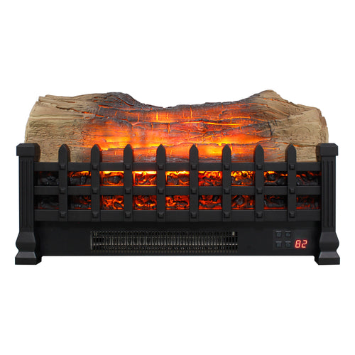 Black metal electric fireplace insert with wood accent trim detail