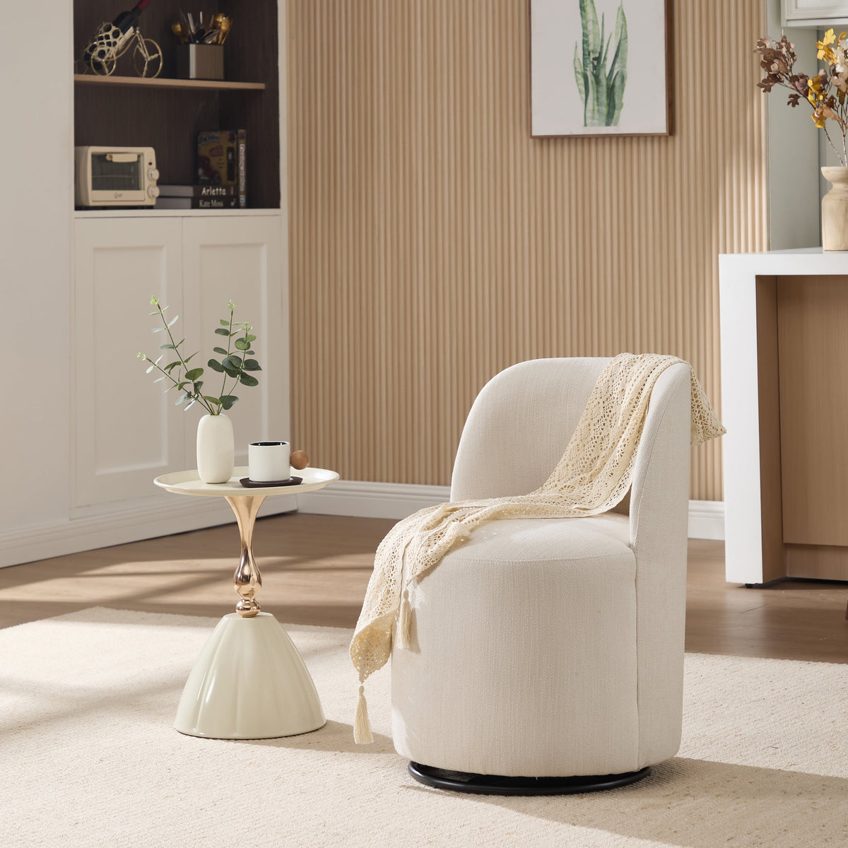 Set Of 1 Upholstered Kitchen & Dining Room Barrel Chair, Mid Century Modern Round Linen Dining Chair, 360 Degree Swivel Comfy Armless Accent Makeup Vanity Side Chair for Bedroom Living Room