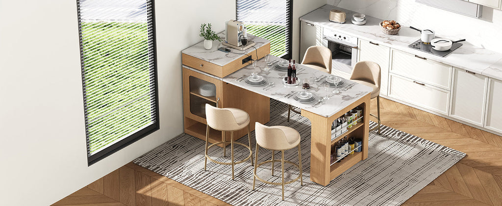 K&K 59.5' Kitchen Island with Extendable Dining Table, Kitchen Storage Table with Double-sided Storage, Kitchen Island with 2 Drawers, Power Outlet, Side Open Shelves, for Kitchen, Dining Room, Black