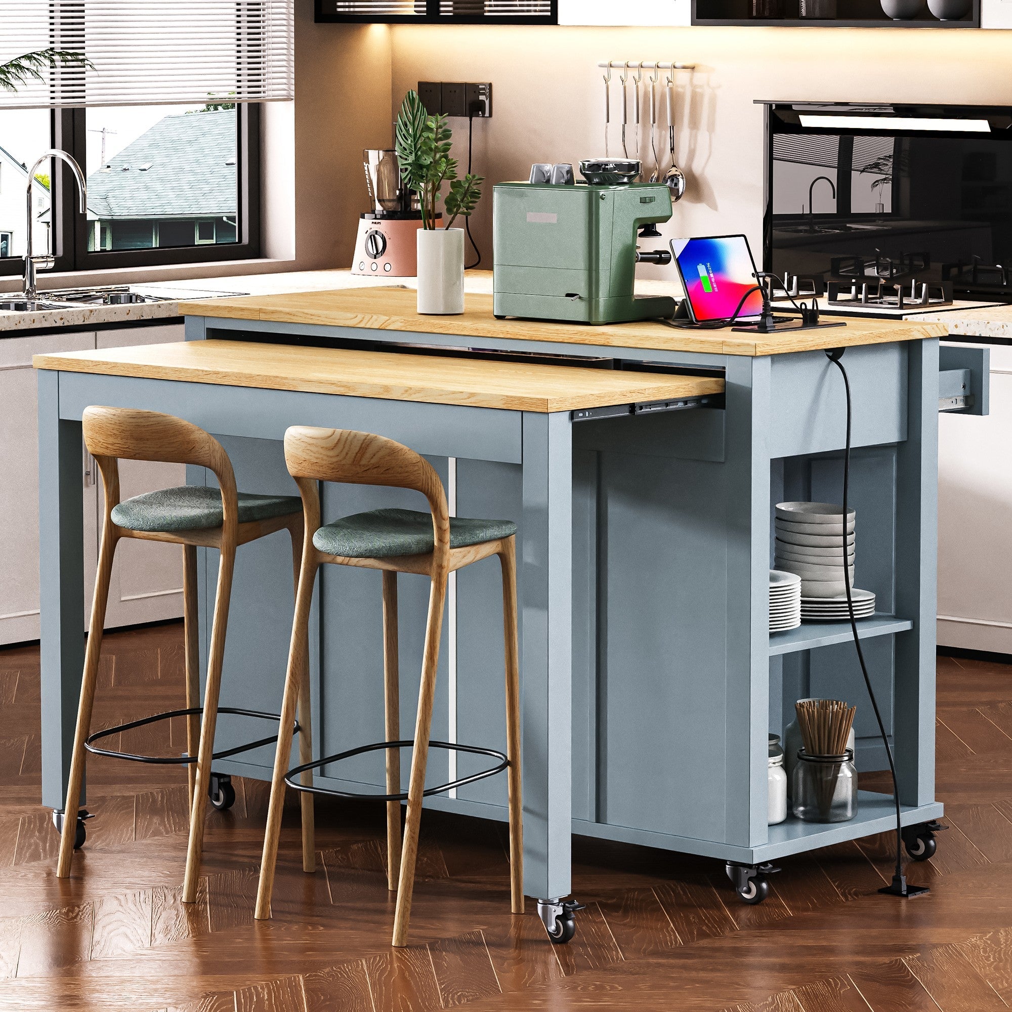 K&K 47 inch Kitchen Island with Extendable Dining Table, Rubber Wood Veneer Kitchen Table with Internal Storage Rack, Power Outlet, Kitchen island with Storage 2 Drawers 2 Cabinet, Black