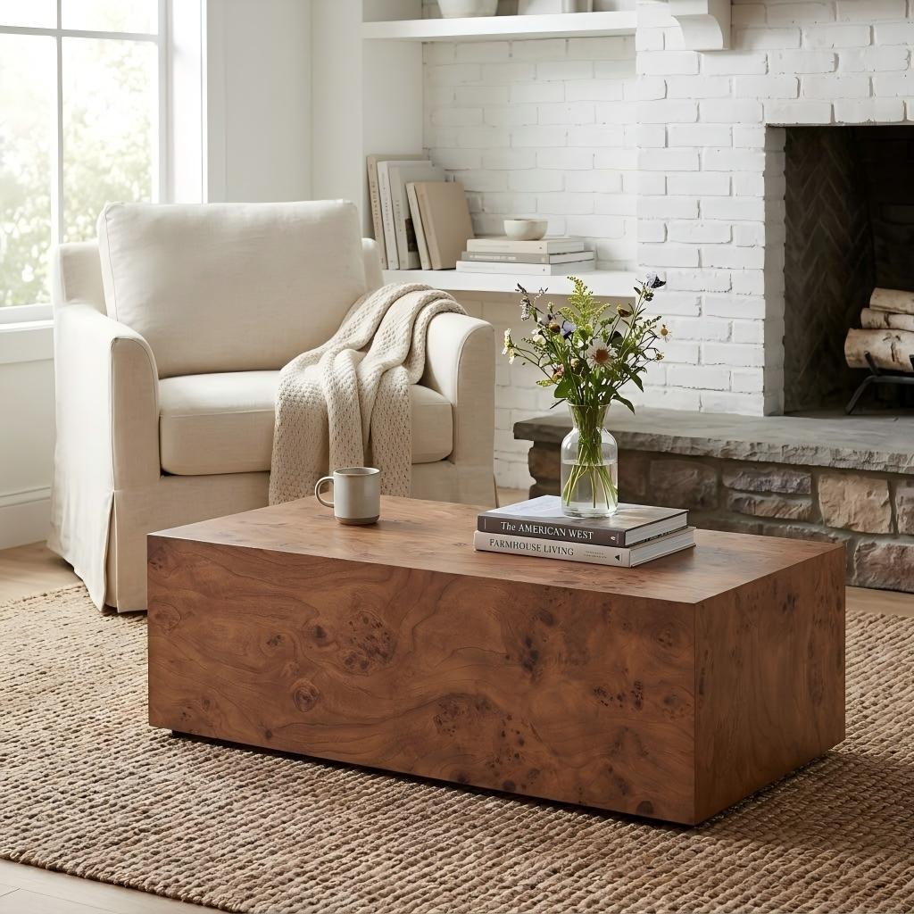 39 inch wide walnut cube coffee table in living room setting