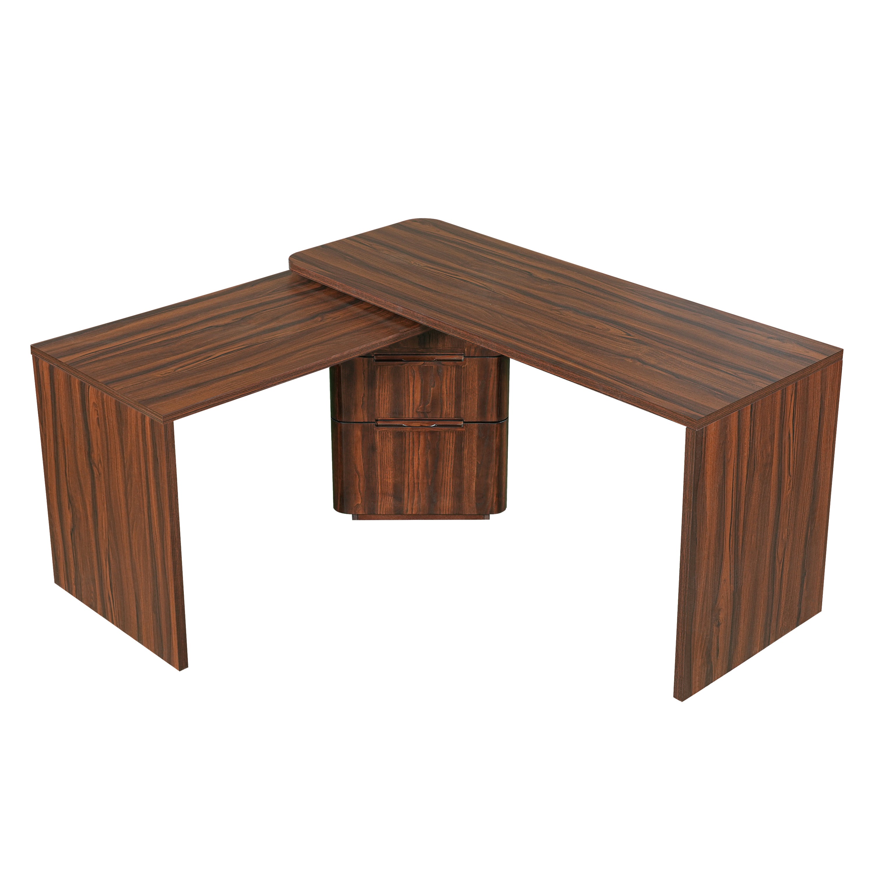 Walnut L-shaped desk frame and leg construction detail