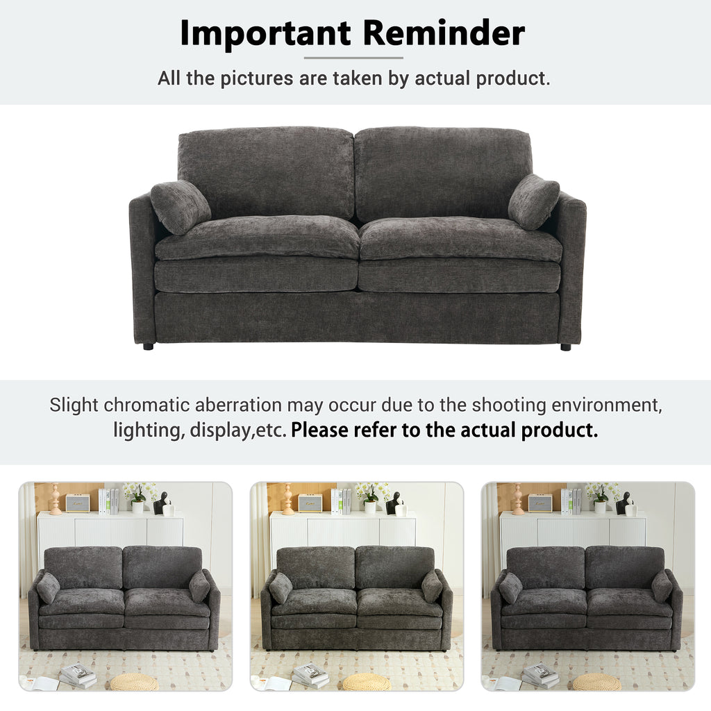Detachable lumbar pillow on gray loveseat sofa