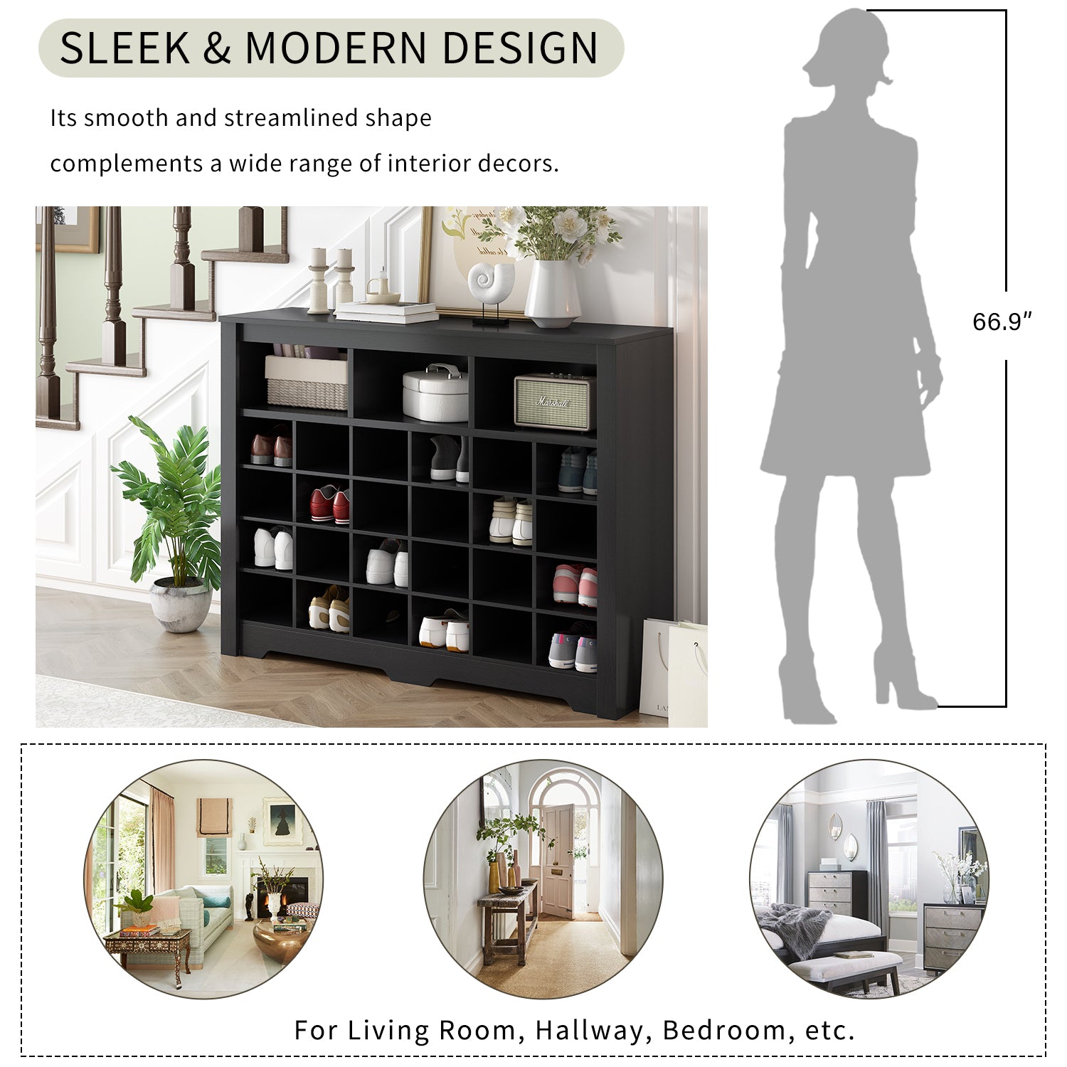 24-cubby shoe storage console black full view