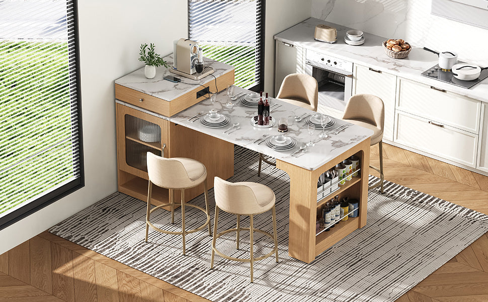 K&K 59.5' Kitchen Island with Extendable Dining Table, Kitchen Storage Table with Double-sided Storage, Kitchen Island with 2 Drawers, Power Outlet, Side Open Shelves, for Kitchen, Dining Room, Black