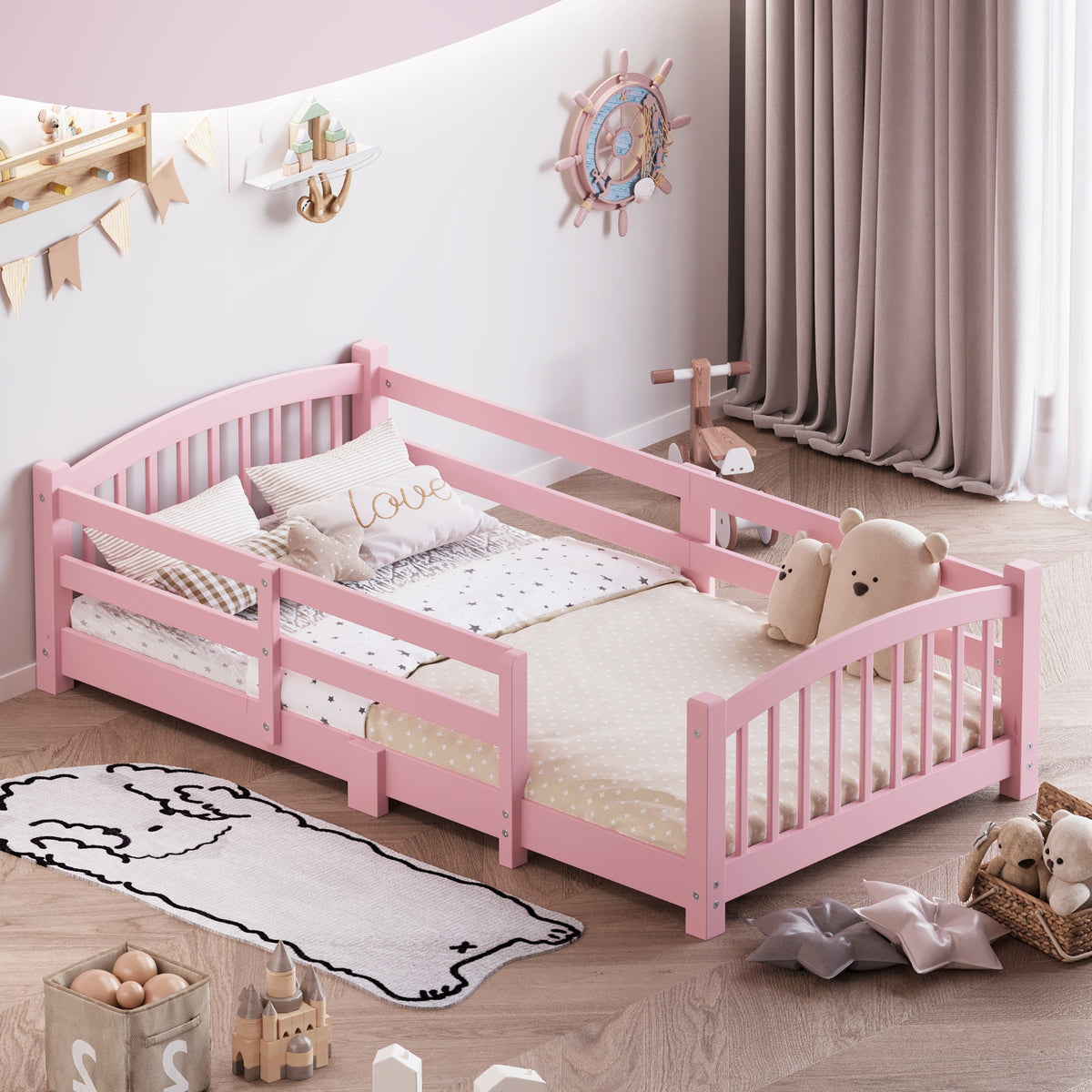 Twin Montessori Floor Bed with Slats and Safety Guardrails, Solid Wood Floor Bed with Fence and Without Door, Easy Assemble Montessori Bed for Girls and Boys, Gray