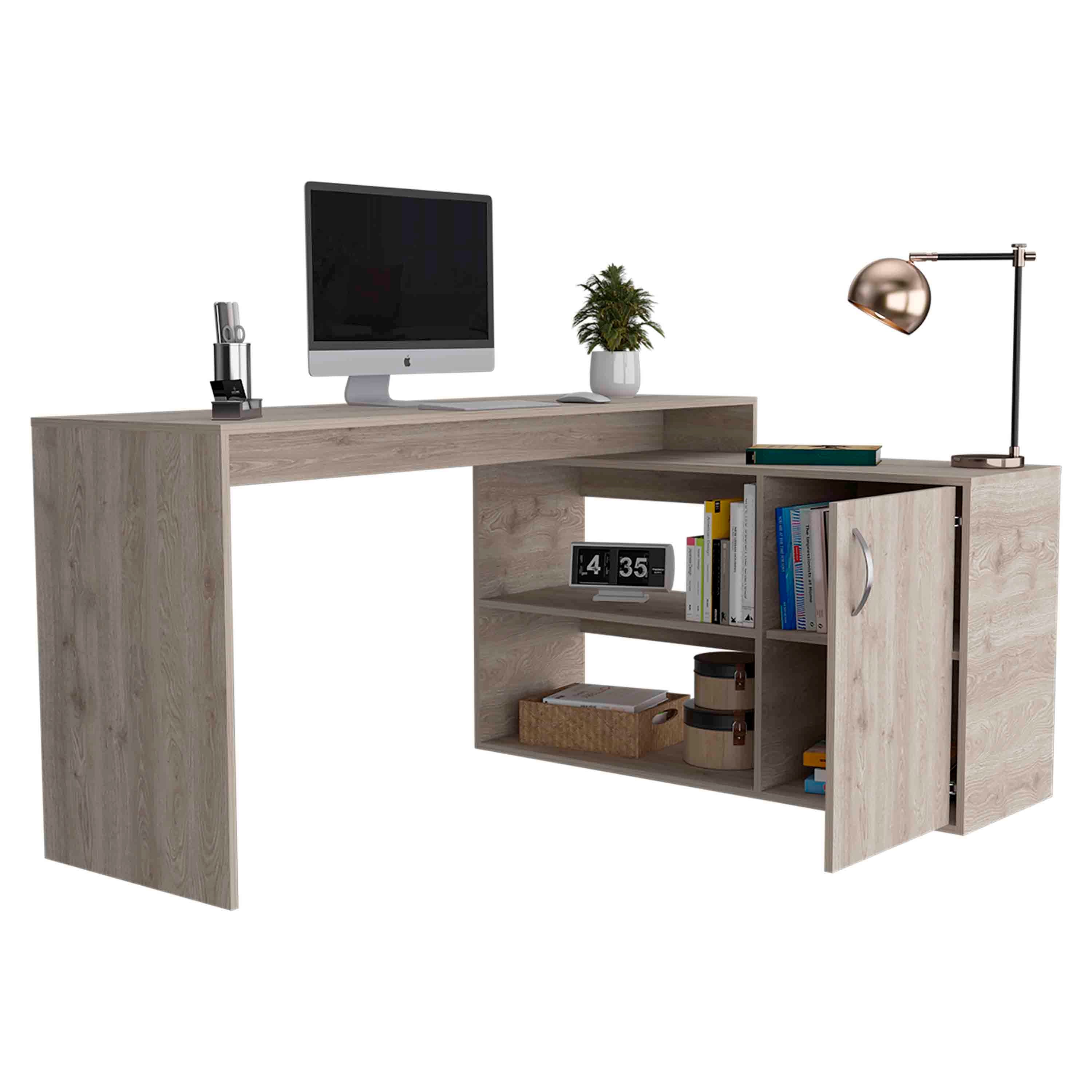 Light gray home office desk right return workstation layout