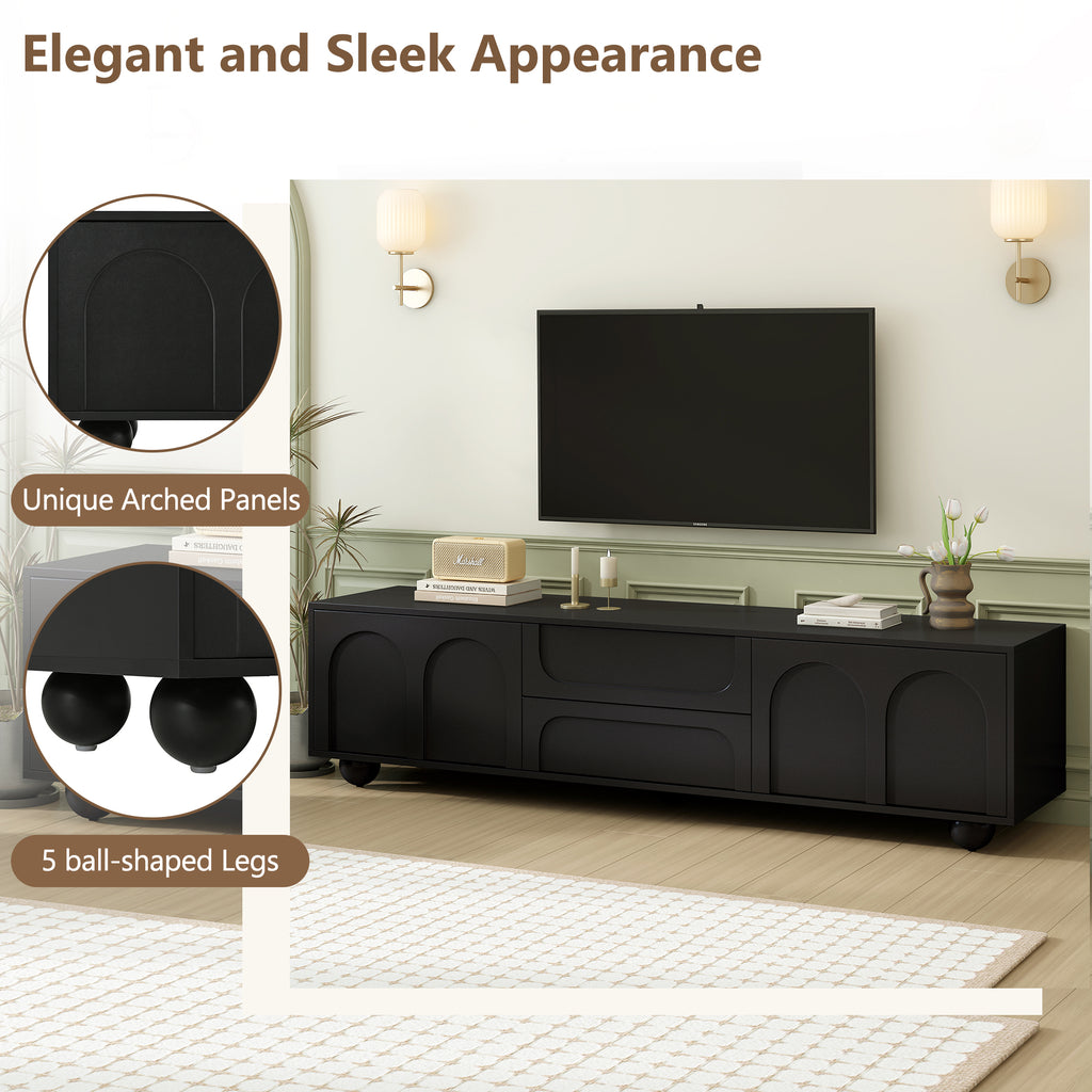 Minimalist black TV stand with two drawers angle view