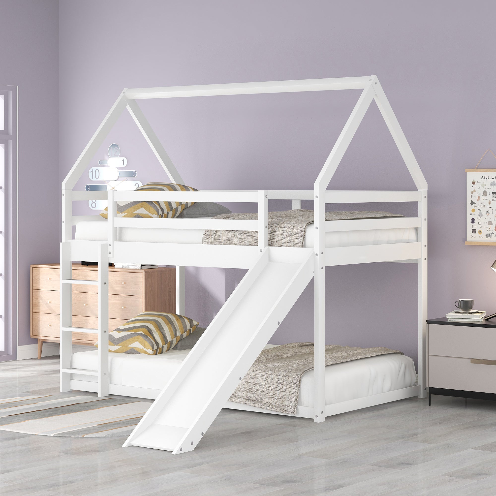House-shaped twin bunk bed with slide — angle view