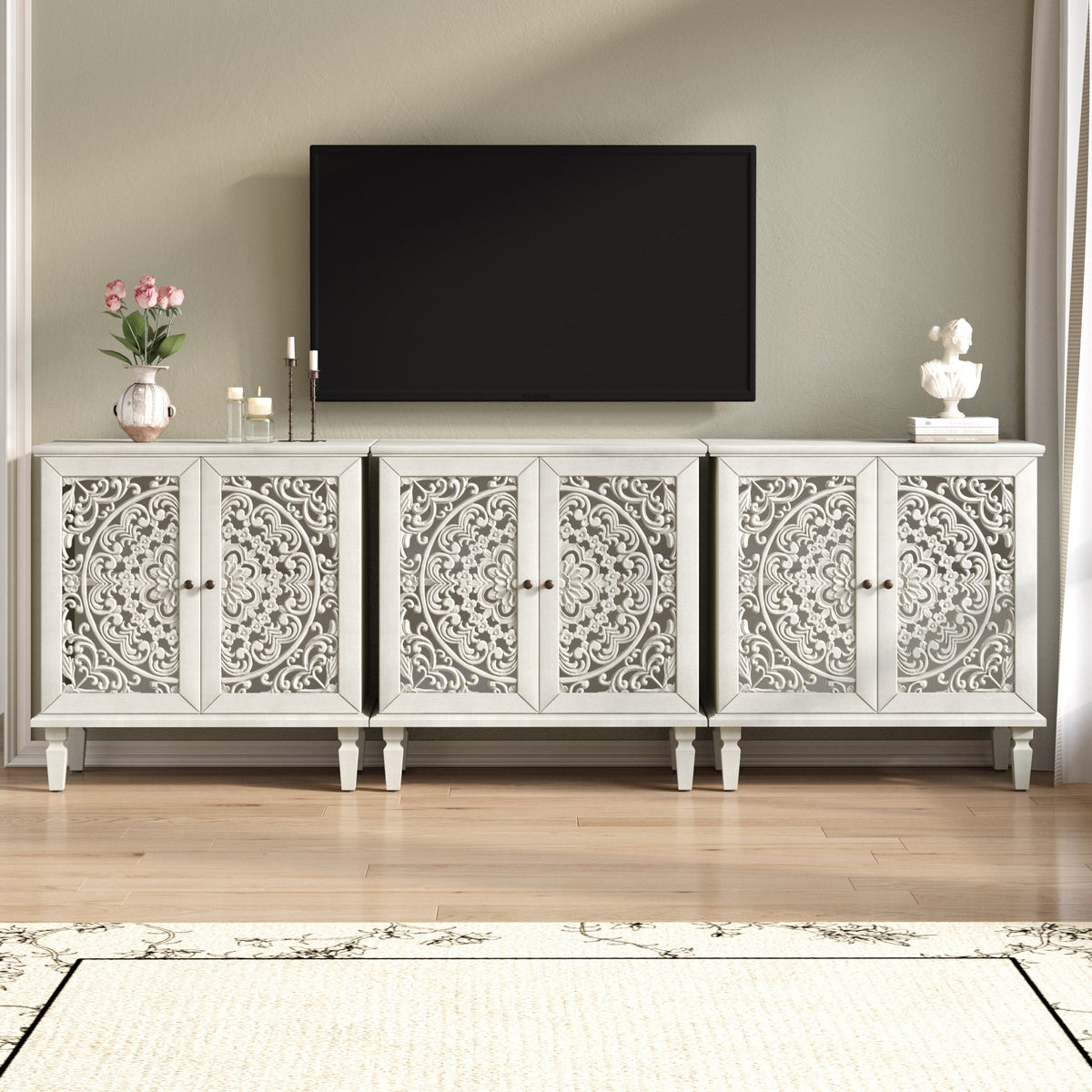 Vintage Hollow-Carved Accent Cabinet, 2-Door Display Storage Sideboard with Symmetrical Floral Design, Adjustable Shelf and Solid Wood Legs for Living Room Entryway(Antique Green)