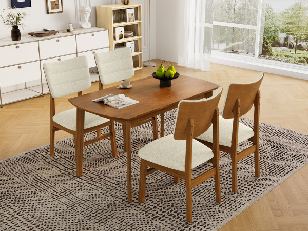 Farmhouse Dining Table Set for 4, Wood Kitchen Table & 4 Upholstered Chairs with Sturdy Rubber Wood Frame, Padded Seat, Curved Backrest, Space-Saving Dinette Set for Dining Room, Brown+Gray